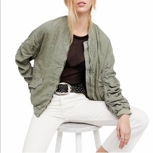FREE PEOPLE Ruched Linen Bomber Jacket